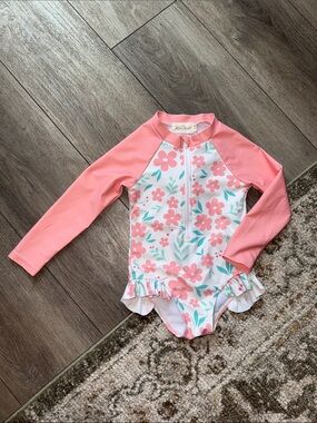Girls' Pink Floral Long-Sleeve One-Piece Swimsuit with Ruffles - Size 2T